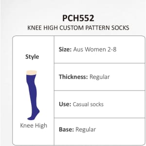 A pair of knee-high socks in navy blue with a custom pattern, featuring a logo.