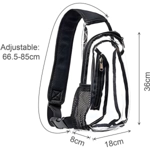 A large capacity clear bag with a black shoulder strap, featuring adjustable straps and a zippered pocket.