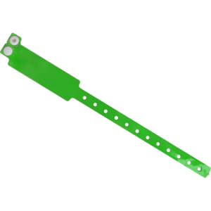 A green disposable reflective PVC wristband with multiple holes for adjustment and a logo at one end.