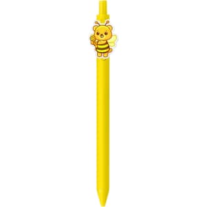 A yellow acrylic pen featuring a cute bee character on the top and a logo.