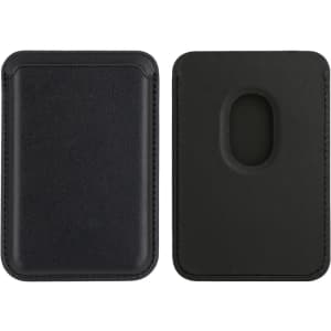 A PU magnetic phone card holder in black, featuring a sleek design with a cut-out for easy card access.