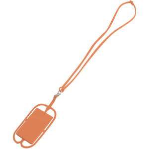 An orange phone holder with a silicone lanyard, featuring a secure attachment point and a simple design.