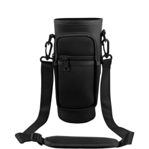 A drink bottle carrier bag in black with a phone pocket and adjustable strap. Features a zippered pocket.