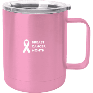 A drink mug in pink stainless steel with a clear lid, featuring a logo. Suitable for coffee or hot beverages.