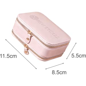 A pink PU leather jewellery case with a mirror, featuring dual zippers and a logo on the lid. Dimensions provided.