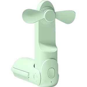 A mint green USB handheld mini fan with a compact design and a flashlight feature. It includes a logo.