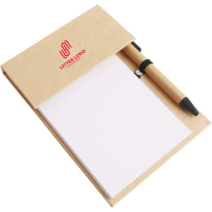 A memo pad with white pages and a black ballpoint pen, housed in a brown kraft folder with a logo.