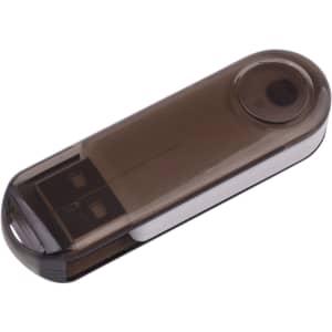 A transparent grey swivel flash drive with a circular button on one side and a USB connector on the other.