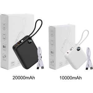 A black and white power bank with a cable, displayed beside their packaging. The black one is labelled 20000mAh and the white one 10000mAh.