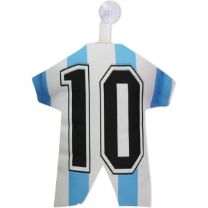 A hanging mini jersey in blue and white stripes with a black number 10. It has a suction cup for display.