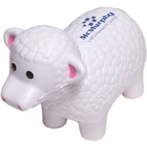 A white sheep-shaped stress reliever with pink ears and a textured body, featuring a logo on its back.
