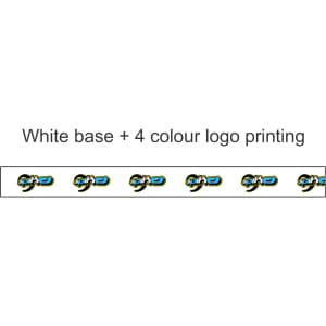 A roll of white packaging tape featuring a four-colour logo printed along its length.