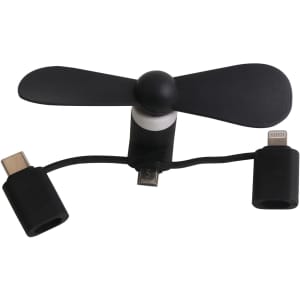A small black 3 in 1 phone fan with multiple connectors for different devices. It features a compact design and a logo.