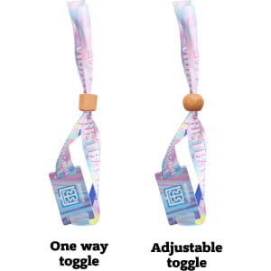 Two RPET fabric wristbands in pastel colours, featuring an adjustable toggle and a one-way toggle design. Each has a logo.
