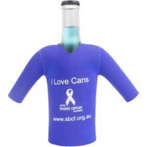 A drink bottle cooler in royal blue, shaped like a cricket jersey, featuring short sleeves and a logo.
