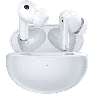 Active noise cancelling wireless earbuds in white, housed in a matching charging case, featuring a logo.