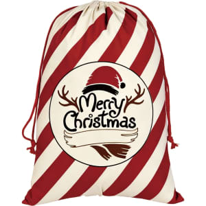A red and white striped drawstring bag featuring a Christmas design and a festive message.