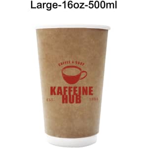 Home compostable double wall kraft paper cup in brown with a white rim and a logo. Holds 500ml.