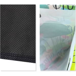 A textured black material and a colourful patterned fabric, showcasing different sections of a tote bag with a logo.