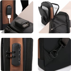 A black and brown anti-theft sling bag featuring a USB port, lock mechanism, and various compartments.