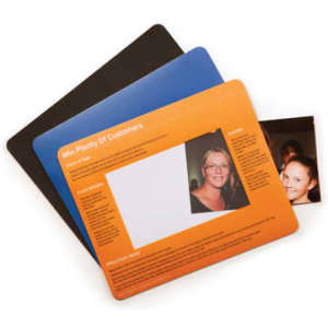 A set of three mouse mats in orange, blue, and black, featuring a space for personalisation and an image.