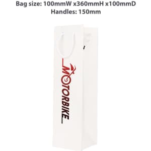 A wine bottle paper bag in white, featuring an integrated handle and a logo, measuring 100mm x 360mm x 100mm.