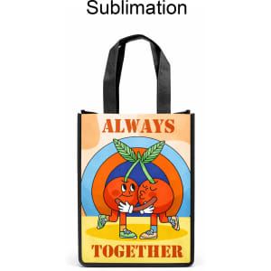 A small tote bag with a vibrant design featuring cartoon cherries and a bold, colourful background. It has a logo.