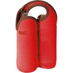 A drink bottle cooler in vibrant red with a snap handle, designed to hold two bottles side by side.