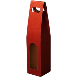 A drink bottle packaging in red cardboard, featuring a cut-out window and a handle. It has a logo on the side.