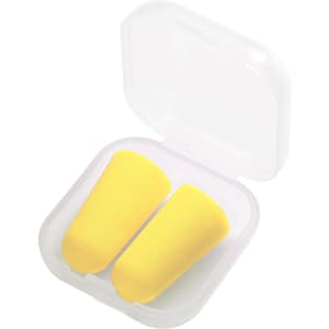 A transparent case containing two yellow ear plugs. The case is open, revealing the ear plugs inside.