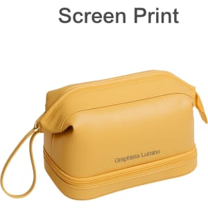 A large capacity yellow PU toiletry bag with a logo, featuring a zip closure and a handle.