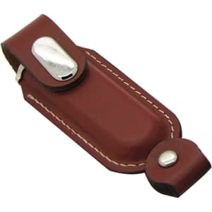 A brown leather case with silver accents, designed to hold a flash drive securely.