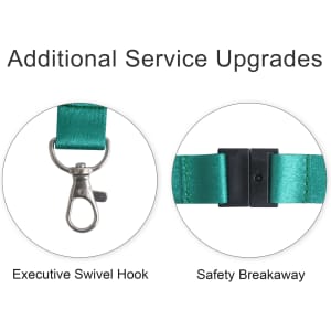 A close-up of a green lanyard featuring an executive swivel hook and a safety breakaway clasp.