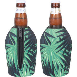 A drink bottle cooler in green tropical leaf design, featuring a zipper, accommodating two bottles.