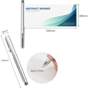 A silver pen with a retractable design and a banner display area. Features a 0.5mm refill mechanism.