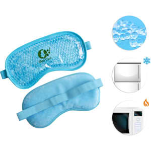 A blue gel cold/hot eye mask with a textured surface and adjustable straps. It features a logo on the front.