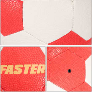 A machine-stitched PU handball featuring a red and white textured surface with a branding logo.