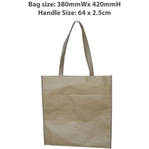 A kraft paper bag with a laminated finish, featuring a woven lining and long handles. The bag is a natural brown colour.