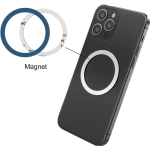 A sleek black phone with a circular silver magnetic attachment on the back, featuring a blue ring beside it.