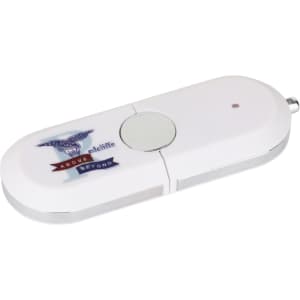 A white flash drive with a silver edge, featuring a logo and a circular button on its surface.