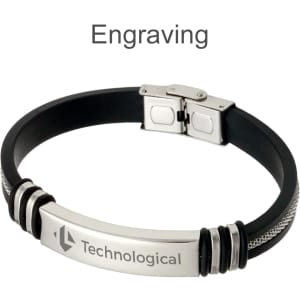 A black and silver bracelet featuring a clasp and a metallic engraving, with a logo present.
