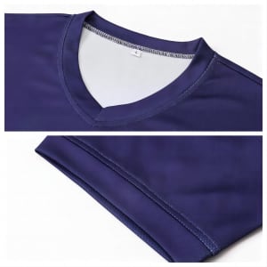A unisex adults RPET sublimated V-collar tee shirt in deep navy blue, featuring a distinct V-neck design and hem detailing.