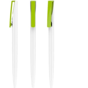 A creamy white plastic pen featuring a green clip, shown from multiple angles. Includes a logo.