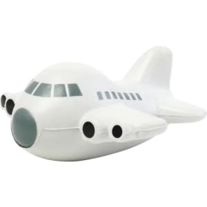 A white aircraft-shaped stress reliever with grey details, designed as a fun stress transport item.