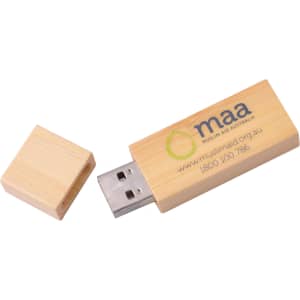 A rectangular wooden flash drive in light brown, with a removable cap and a logo on its surface.