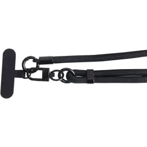 An adjustable phone lanyard in black, featuring a clip and a soft backing for comfort. It has a logo on the attachment.