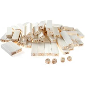 A set of cream-coloured wooden blocks and dice, each numbered for use in games.