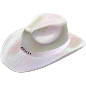An iridescent cowboy hat in a light colour, featuring a white band and a logo.