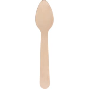 A small disposable birch spoon in a light beige colour, featuring a smooth, rounded design.