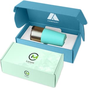 A teal drink bottle sits inside a teal and white packaging box, with a logo on the packaging.